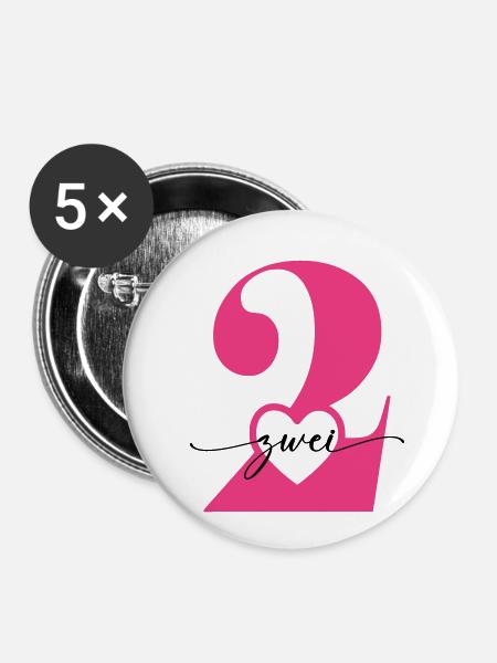 Ziffer Zwei 2 mit Herz - Buttons groß 56 mm (5er Pack) - Weiß