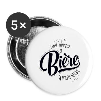 Santé, Bonheur et Bière - Idée cadeau humour bière - Lot de 5 grands badges (56 mm) - blanc - Devant