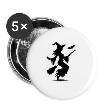 Gruselige Halloween Hexen mit Besen und Fledermaus - Buttons groß 56 mm (5er Pack) - Weiß - Vorne