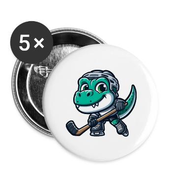 Dino T-Rex dinosaur playing hockey - Buttons large 2.2''/56 mm (5-pack) - white - Front