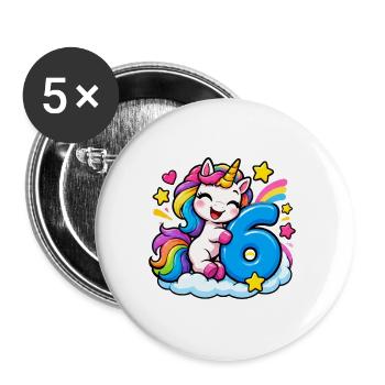 Regenbogen Unicorn Geburtstag 6 - Buttons groß 56 mm (5er Pack) - Weiß - Vorne