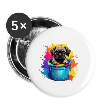 Mops Niedlicher Hund Farbeimer - Buttons groß 56 mm (5er Pack) - Weiß - Vorne