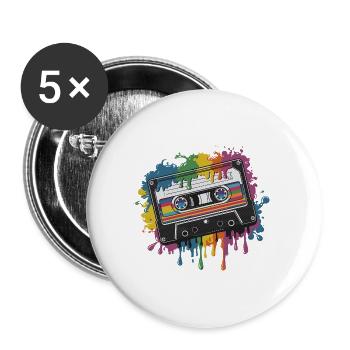 80s Retro Cassette Splash Classic Cassette Tape - Buttons groß 56 mm (5er Pack) - Weiß - Vorne