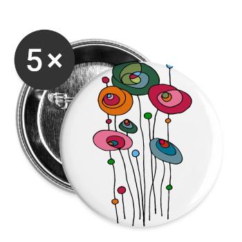 Bunte Blumen - Buttons groß 56 mm (5er Pack) - Weiß - Vorne
