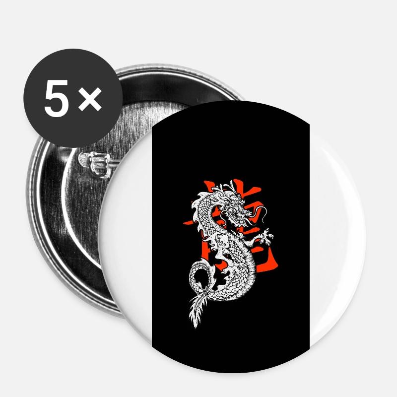 Chinese Dragon Black White - Buttons large 2.2''/56 mm (5-pack) - white