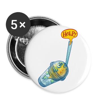 Poisson-globe dans verre plastique demande d'aide - Lot de 5 grands badges (56 mm) - blanc - Devant