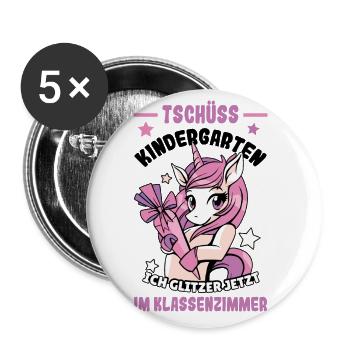 Schulanfang Tschüss Kindergarten Glitzer Im Klasse - Buttons groß 56 mm (5er Pack) - Weiß - Vorne