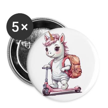 Einhorn Schüler mit Roller Design - Buttons groß 56 mm (5er Pack) - Weiß - Vorne