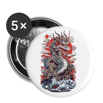 Japanese Dragon Ukiyo-E Style with Kanagawa Wave - Buttons large 2.2''/56 mm (5-pack) - white - Front