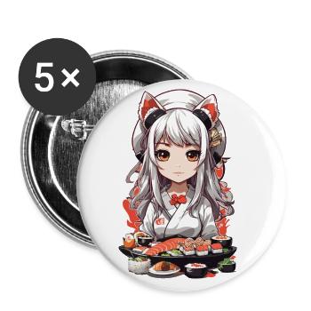 Kawaii Anime Sushi Meisterin mit Katzenohren - Buttons groß 56 mm (5er Pack) - Weiß - Vorne