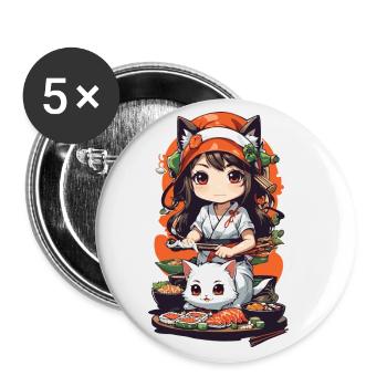 Kawaii Anime Sushi Kemomimi Master with Cat - Buttons large 2.2''/56 mm (5-pack) - white - Front