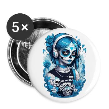 Sugar Skull Girl with Headphones and Blue Roses - Buttons large 2.2''/56 mm (5-pack) - white - Front