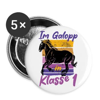 Im Galopp in Klasse 1 - Einschulung - Pferd Reiter - Buttons groß 56 mm (5er Pack) - Weiß - Vorne