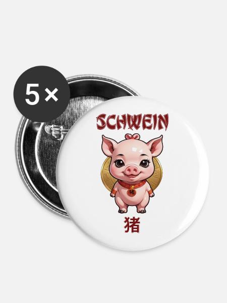 Schwein - chinesisches Sternzeichen - Astrologie - Buttons groß 56 mm (5er Pack) - Weiß