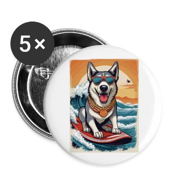 Cool husky sur une planche de surf - Lot de 5 grands badges (56 mm) - blanc - Devant