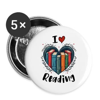 Ich liebe Bücher Bücherwurm Herz - Buttons groß 56 mm (5er Pack) - Weiß - Vorne