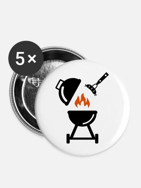 Grill mit Wurst - Buttons groß 56 mm (5er Pack) - Weiß
