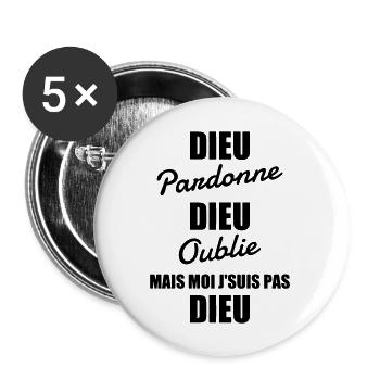 Dieu pardonne - Humour - Drôle - Blague - Fun - Lot de 5 grands badges (56 mm) - blanc - Devant