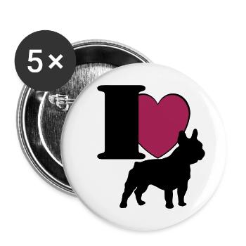Französische Bulldogge , French Bulldog I love(25) - Buttons groß 56 mm (5er Pack) - Weiß - Vorne
