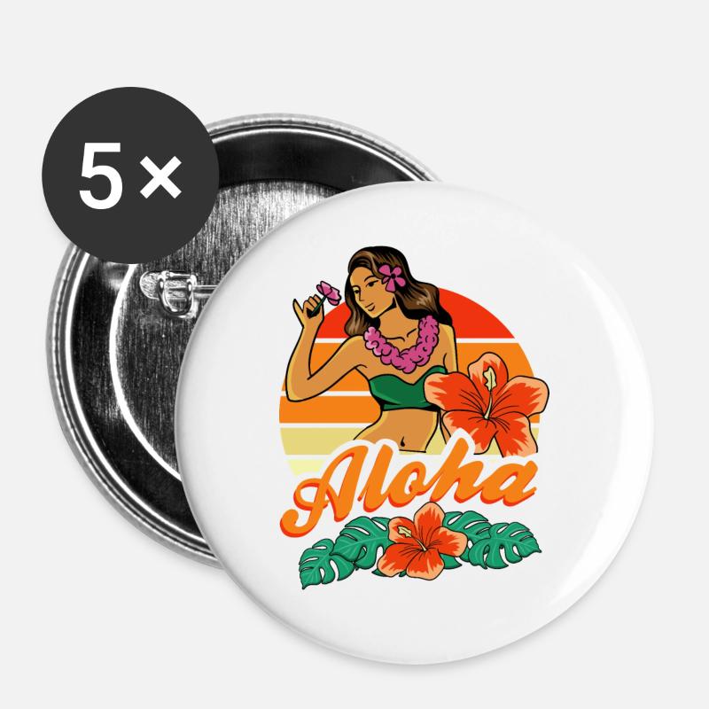 Hula Mädchen Aloha - Buttons groß 56 mm (5er Pack) - Weiß