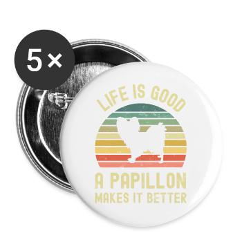 Hund Papillon - Buttons groß 56 mm (5er Pack) - Weiß - Vorne