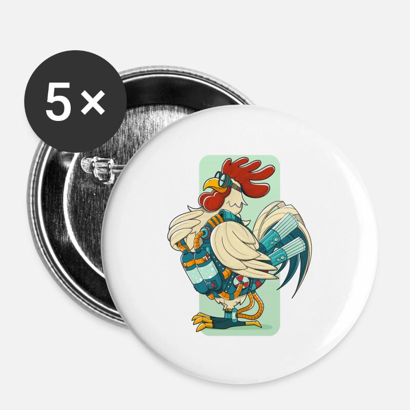 Steampunk Rooster (white circumference) - Buttons large 2.2''/56 mm (5-pack) - white