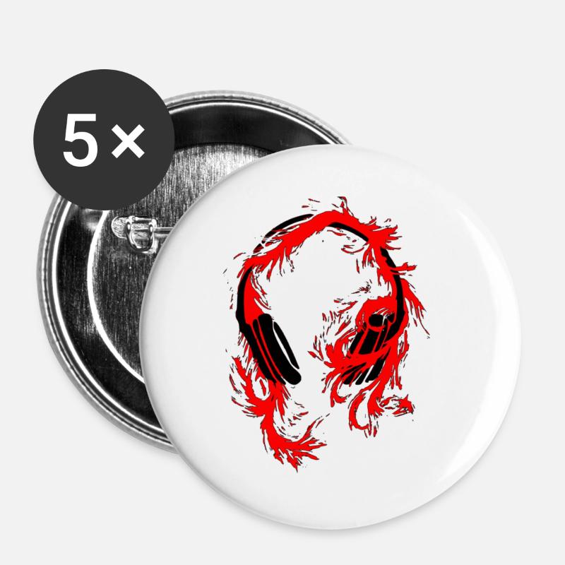 Kopfhörer Wolf Rot auf Schwarz - Buttons groß 56 mm (5er Pack) - Weiß
