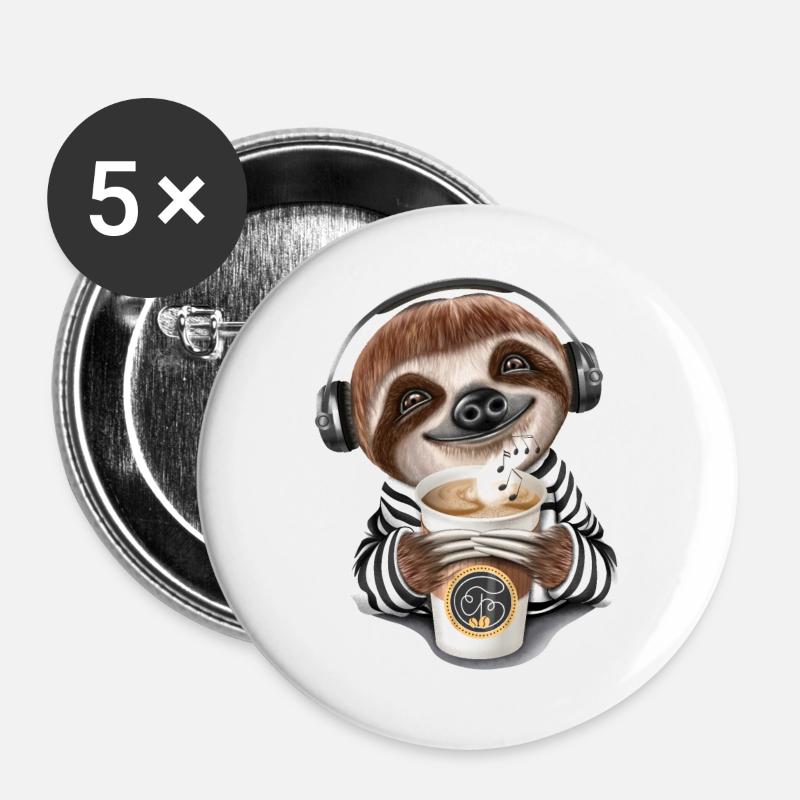 Funny sloth coffee headphones misic - Buttons large 2.2''/56 mm (5-pack) - white