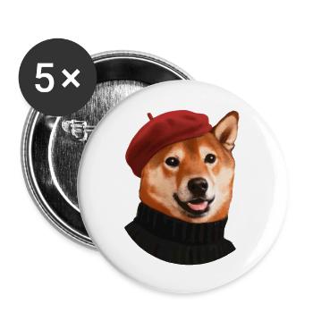 Shiba Hund mit Mütze und Pullover - Buttons groß 56 mm (5er Pack) - Weiß - Vorne