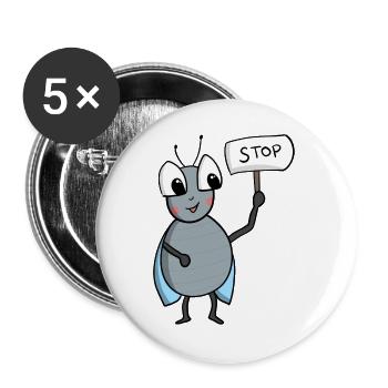 Fliege mit STOP Schild - Buttons groß 56 mm (5er Pack) - Weiß - Vorne