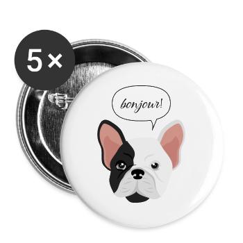 Französische Bulldogge Bonjour - Buttons groß 56 mm (5er Pack) - Weiß - Vorne