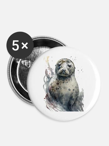 Robbe Süß Niedlich Realistisch Aquarell - Buttons groß 56 mm (5er Pack) - Weiß