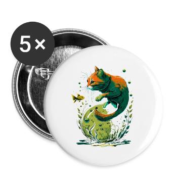 Fantasy Katze spielt mit Goldfischen - Buttons groß 56 mm (5er Pack) - Weiß - Vorne