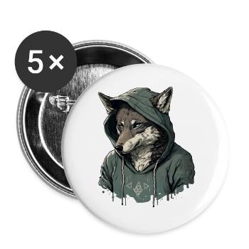 Loup avec sweat à capuche - Lot de 5 grands badges (56 mm) - blanc - Devant