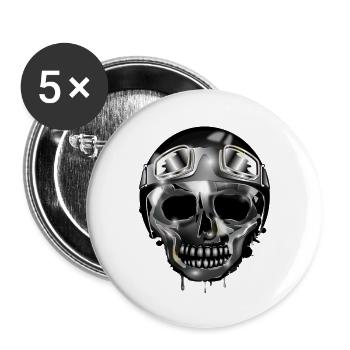 Chrome Skull with Retro Motorcycle Helmet and Goggles - Buttons large 2.2''/56 mm (5-pack) - white - Front