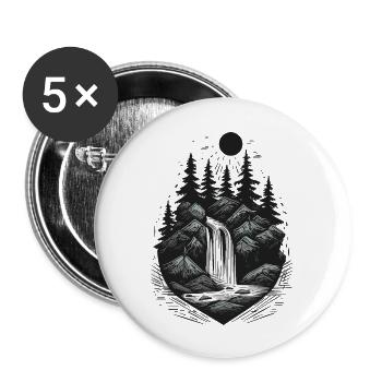 Tattoo style waterfall pine tree outdoor logo - Buttons large 2.2''/56 mm (5-pack) - white - Front