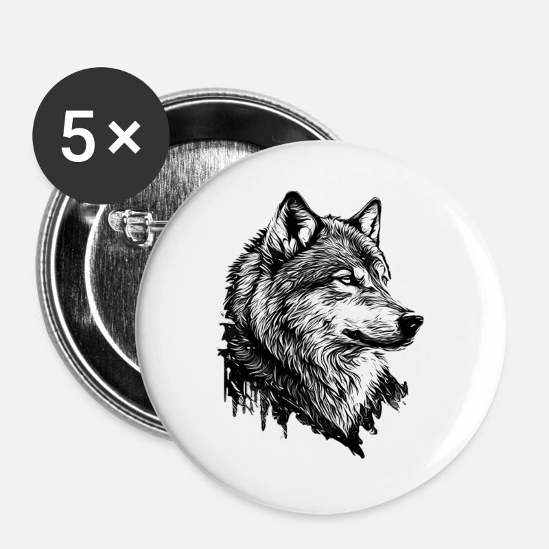 Monochrome Wolf Line Art - Buttons large 2.2''/56 mm (5-pack) - white
