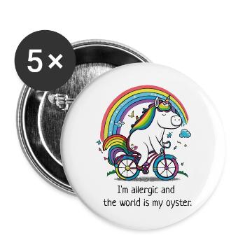 Einhorn auf dem Fahrrad mit Spruch "allergic" - Buttons groß 56 mm (5er Pack) - Weiß - Vorne