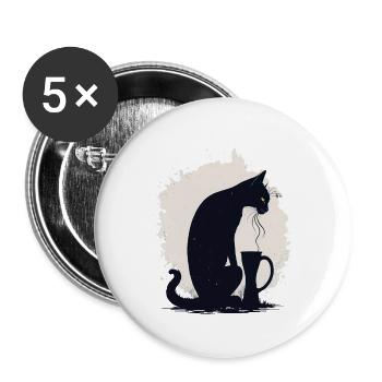 Black cat with coffee cup - Buttons large 2.2''/56 mm (5-pack) - white - Front