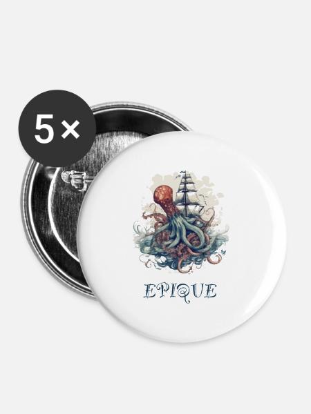 Oktopus-Kampf - Buttons groß 56 mm (5er Pack) - Weiß