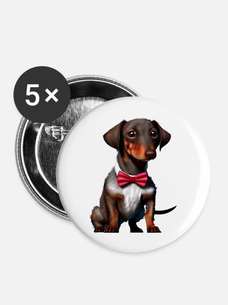Dackelwelpe Dachshund mit Fliege Hund Hunde - Buttons groß 56 mm (5er Pack) - Weiß