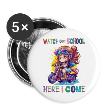 Watch out school - here I come / Steampunk girl - Buttons large 2.2''/56 mm (5-pack) - white - Front