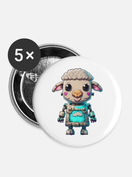 Roboter Schaf - Buttons groß 56 mm (5er Pack) - Weiß