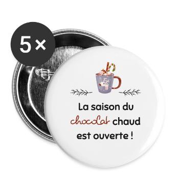 La saison du chocolat chaud est ouverte | Cadeau - Lot de 5 grands badges (56 mm) - blanc - Devant