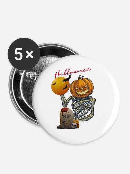 Kürbis Skelett Halloween Design - Buttons groß 56 mm (5er Pack) - Weiß
