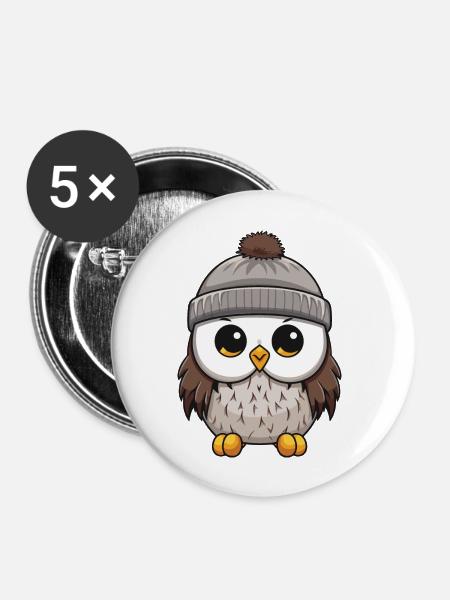 Eule Comic Winter Cozy - Buttons groß 56 mm (5er Pack) - Weiß