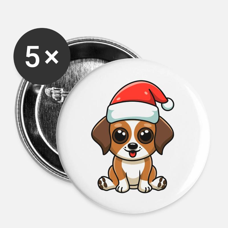 Doggy with Santa hat - Buttons large 2.2''/56 mm (5-pack) - white