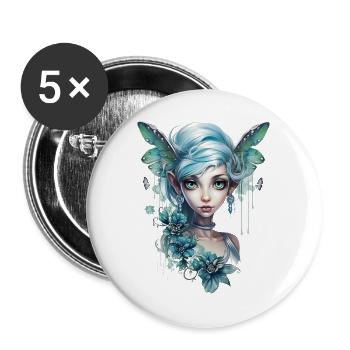 Fée aux cheveux bleus et aux grands yeux – Fantasy - Lot de 5 grands badges (56 mm) - blanc - Devant