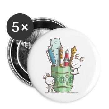Zwei niedliche Hasen an einem Stiftbecher - Buttons groß 56 mm (5er Pack) - Weiß - Vorne