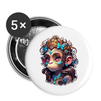 Singe mignon / Fille de singe / Mignon / noeud de cheveux - Lot de 5 grands badges (56 mm) - blanc - Devant